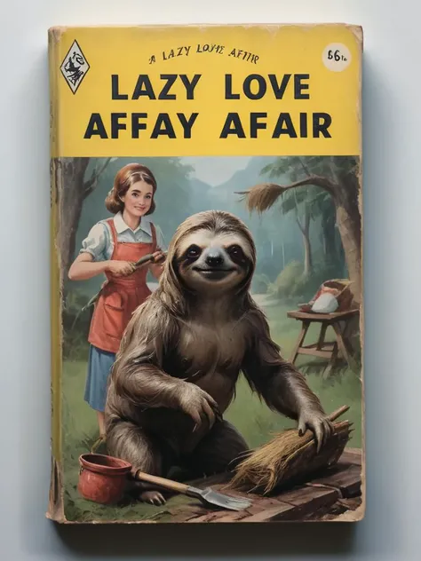 book cover of a vintage novel called "Lazy Love Affair" depicting of a sloth doing household chores, <lora:SDXL - Style - wizards_vintage_romance:.9>