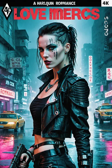 <lora:wizards_vintage_romance:1> Cover of a Harlequin romance novel called "Love Mercs" depicting <lora:cybergirl_v5_40000_lora_f16:0.9>, 35mm (photo) in rainy smoggy neon cyberpunk NeoTokyo cityscape of cute pale cyborg woman with dark punk style, wet hai...