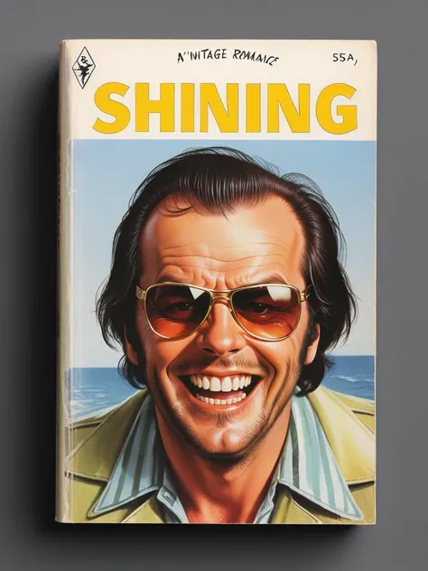 book cover of a vintage romance novel called "Shining" depicting a horror Jack Nicholson, maniacally laughing perfect teeth,  with sunglasses in hot shiny sun
 <lora:wizards_vintage_romance:1>