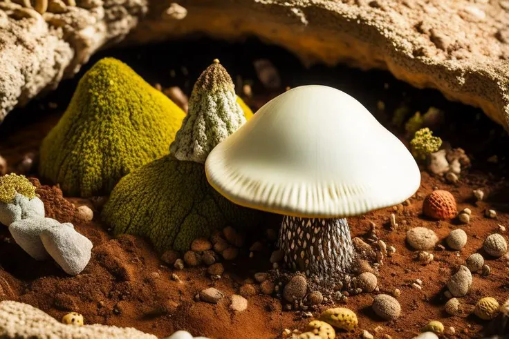 amanita pantherina mycelium breaching layers of soil deep into paleolithic era level soil, macro photo, isometric cut away, diar...