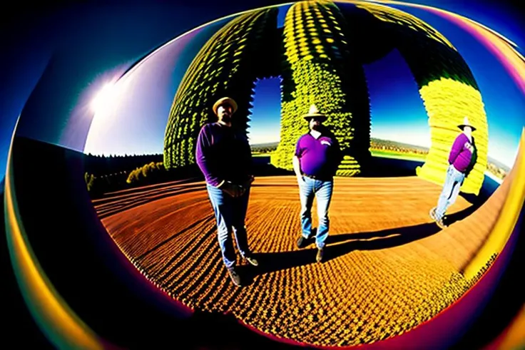 tim curry and paul stamets enjoying being giants stomping,  pov extreme perspective, dynamic, realism, fisheye lens