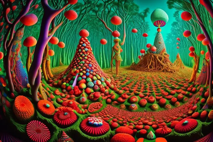 amanita muscaria ritual conducted by asiatic shaman in forest pov perspective ripped from reality into 5d ,  trippy, hallucinati...