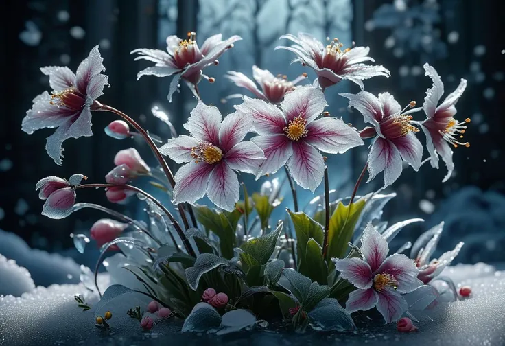 masterpiece, best quality, 8k, professional , by famous artist , trending on artstation, intricated details, detailed, realsitic, boekh , photorealistic, dark shadows, natural light, dramatic, source realistic, Frozen Flowers: Photograph the ethereal b...