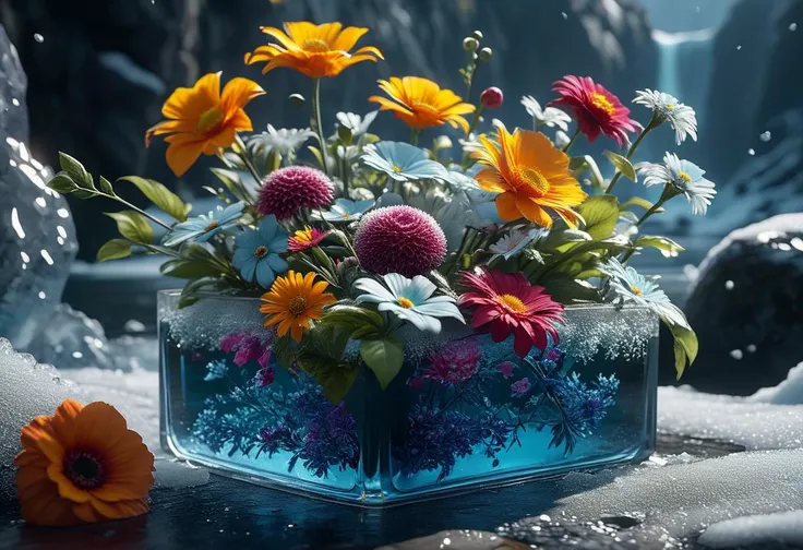 masterpiece, best quality, 8k, professional , by famous artist , trending on artstation, intricated details, detailed,   realsitic, boekh , photorealistic,  dark shadows, natural light, dramatic,  source realistic, Frozen flowers: Fill a container with wat...