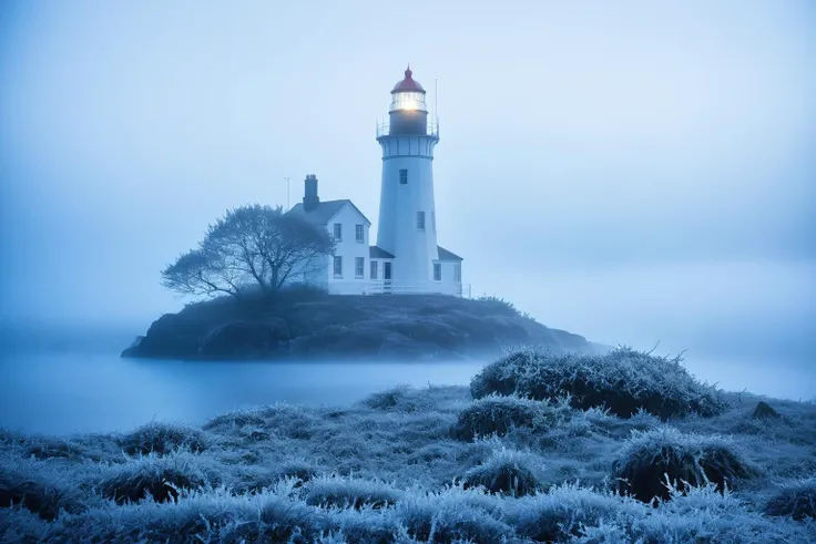 The island lighthouse in Melancholy Mists, enveloped by gentle, melancholic layers of midnight blue fog, evoking the introspective beauty of memories past in the delicate unfurling frost tendrils