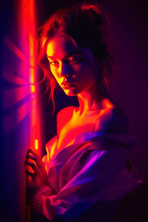 young, stunning woman is enveloped in dim, moody lighting, punctuated by bright, fluorescent accents, creating a sense of mystery and unease