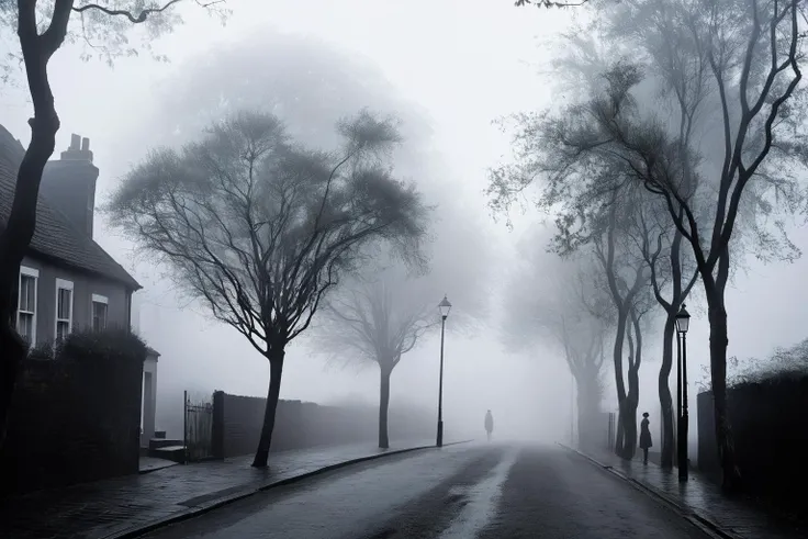 The beautiful young widow street in Melancholy Mists, enveloped by gentle, melancholic layers of charcoal fog, evoking the introspective beauty of memories past in the delicate unfurling ash tendrils