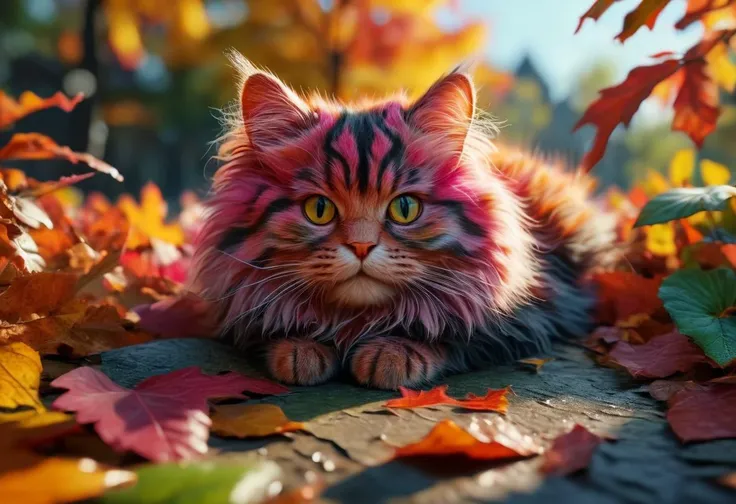 super cute pink  fluffy cat, lovely , lie on leafs, vivid colors, colorfull, autumn ,source_realsitic, realistic, photorealisitc,  masterpiece , best quality,  BREAK, perfect detailed face, intricated skin,   realistic,  extremely detailed,, dark shadows,,...