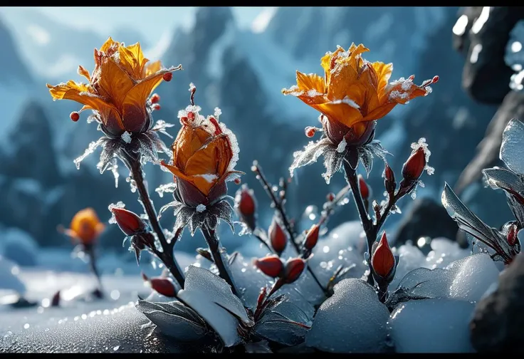 masterpiece, best quality, 8k, professional , by famous artist , trending on artstation, intricated details, detailed,   realsitic, boekh , photorealistic,  dark shadows, natural light, dramatic,  source realistic, Frozen flower buds: Find flower buds enca...