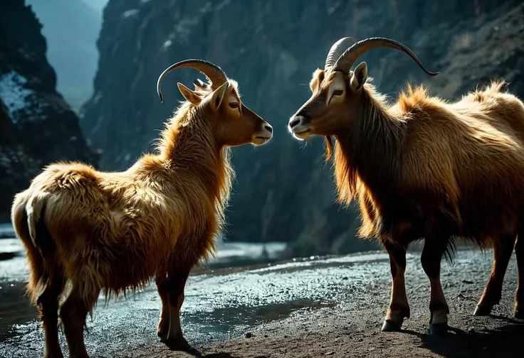 ((raw photo)), cinematic film still , Takin (Budorcas taxicolor) - Resembling both goats and antelopes, takins are large herbivores native to southwest China. They have shaggy hair covering most of their bodies except for their faces and legs. Depending on...