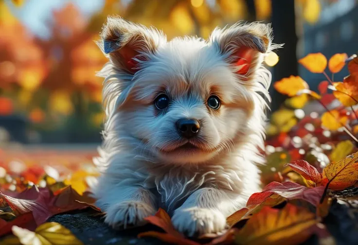 super cute white  fluffy , puppy, lovely , lie on leafs, vivid colors, colorfull, autumn ,source_realsitic, realistic, photorealisitc,  masterpiece , best quality,  BREAK, perfect detailed face, intricated skin,   realistic,  extremely detailed,, dark shad...