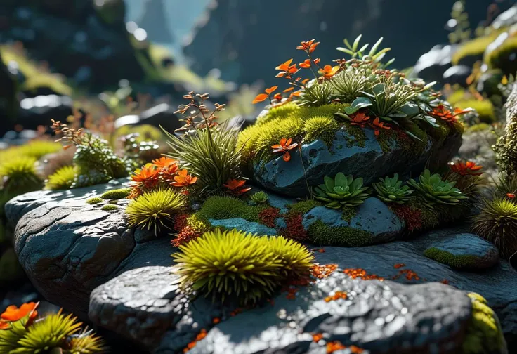 masterpiece, best quality, 8k, professional , by famous artist , trending on artstation, intricated details, detailed,   realsitic, boekh , photorealistic,  dark shadows, natural light, dramatic,  source realistic, Tiny, colorful mosses and lichens on a ro...