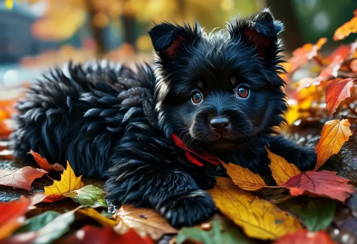 super cute black  fluffy , puppy, lovely , lie on leafs, vivid colors, colorfull, autumn ,source_realsitic, realistic, photorealisitc,  masterpiece , best quality,  BREAK, perfect detailed face, intricated skin,   realistic,  extremely detailed,, dark shad...