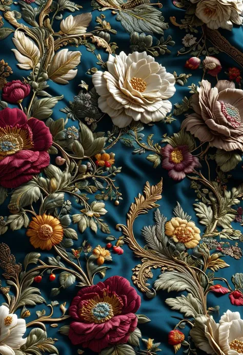 a close up of a blue fabric with a bunch of flowers