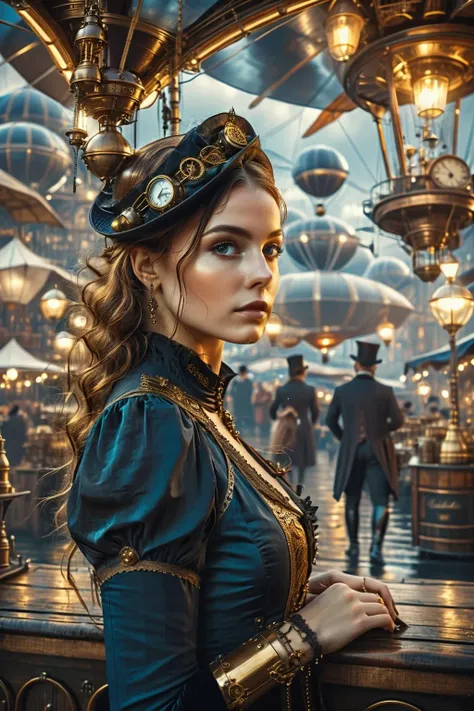 a woman in a steam - punk outfit standing in front of a carousel