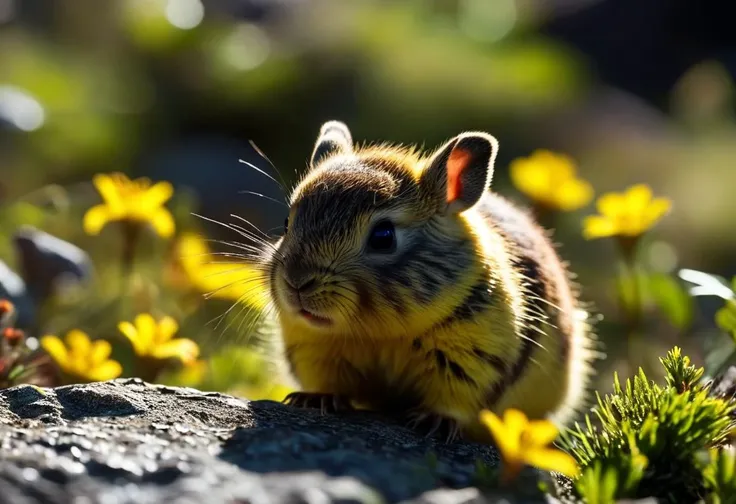 ((raw photo)), cinematic film still , Black-lipped Pika (Ochotona curzoniae) - Small mammals belonging to the rabbit family, black-lipped pikas reside in alpine meadows along the Tibetan plateau. They have short limbs, rounded ears, and stocky builds. As s...