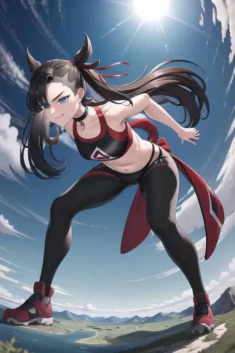 masterpiece, best quality, highres, hmmarnie, aqua eyes, black choker, red ribbon, earrings, jewelry, midriff, sports bra, bare shoulders, pants, leggings, <lora:marnie_v1:0.7>, evil grin,
masterpiece, best quality, <lora:giantess:1>, mountain range, stomp...