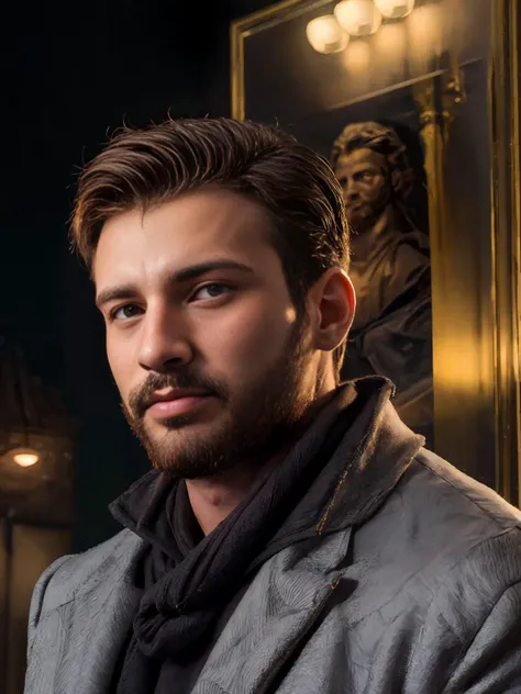 arafed man in a gray jacket and scarf standing in front of a mirror