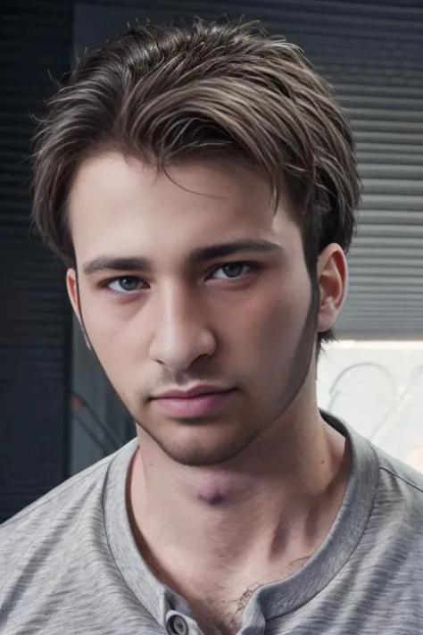 a close up of a man with a gray shirt and a tie