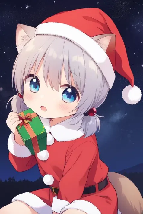 <lora:ookami_san:0.8>ãookamisan, gray hair, short twintails, short hair, blue eyes, child. flat cest, animal ears,  hair bobbles, 
Christmas, SantaClaus, hat, night, starry sky, sitting,
 masterpiece, high quality, very_high_resolution, large_filesize, f...