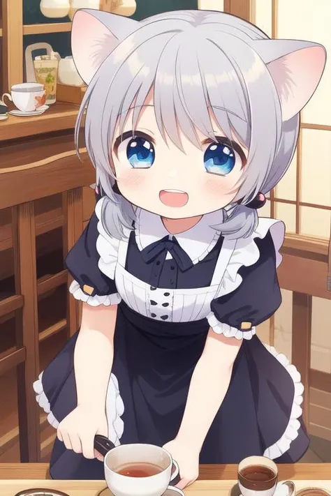 <lora:ookami_san:0.8>ãookamisan, gray hair, short twintails, short hair, blue eyes, child. flat cest, animal ears,  hair bobbles, smile, happy, open mouth,
Gothic Maid, cafe, tea,
 masterpiece, high quality, very_high_resolution, large_filesize, full col...