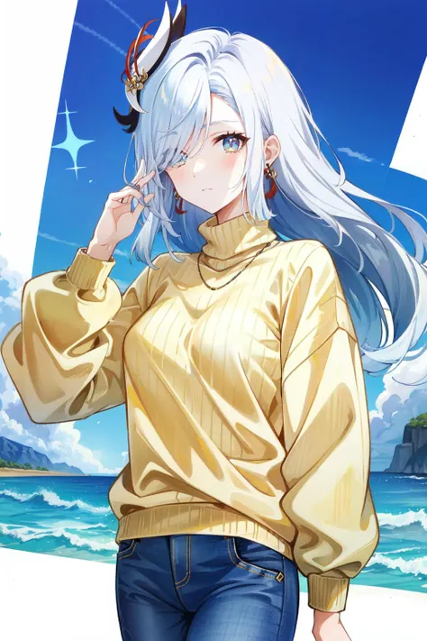 <lora:shenhe:1>shenhe(genshin impact), 1girl,solo,blue eeys, white hair,ribbed sweater, sweater, turtleneck sweater, turtleneck, looking at viewer, hair over one eyes, hair ornaments , jeans,earrings,