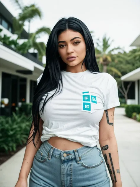 <lyco:Kylie Jenner_v1.0:1> Kylie Jenner, full body portrait, wearing a white t-shirt and blue jeans, sharp, bokeh, candid shot, realistic, film grain