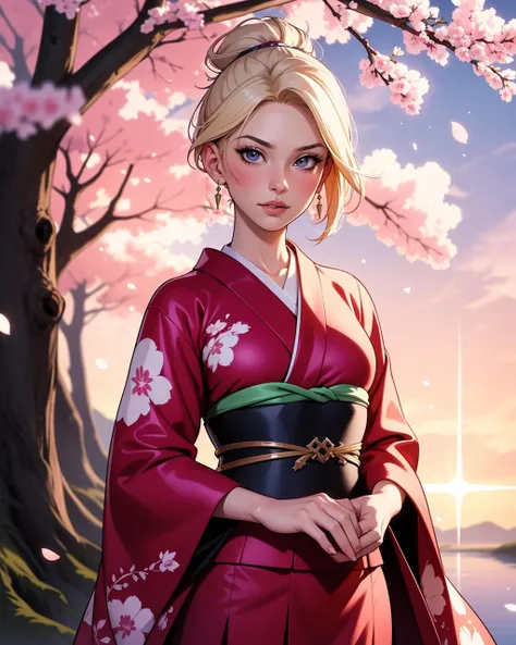 ethereal fantasy concept art of  1girl, solo, beautiful adult woman, Char_ffxiv-MinfiliaWardebyAlie, high quality, lips apart, platinum blonde hair,  best quality, highres, high detail, from above,depth of field, Japanese kimono, traditional design, submis...