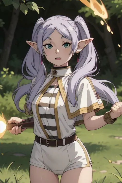 frieren_frieren, 1girl, jewelry, pointy ears, solo, earrings, twintails, elf, long hair, green eyes, looking at viewer, upper body, shirt, expressionless, closed mouth, striped, parted bangs, bangs, capelet, striped shirt, grey hair <lora:frieren-02:0.8>
B...