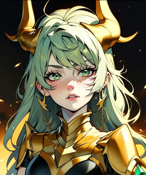 1girl, adult woman,  solo, <lora:g0ld3mb:1> g0ld3mb, gold, (strawberry blonde hair) hair, slick middle part, (emerald hair chain:1.2)    high quality, best quality, highres, high detail, (golden aura magic), hair uplifted, horns ((screengrab from legend))