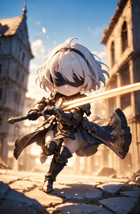 a girl with a sword in a city with buildings