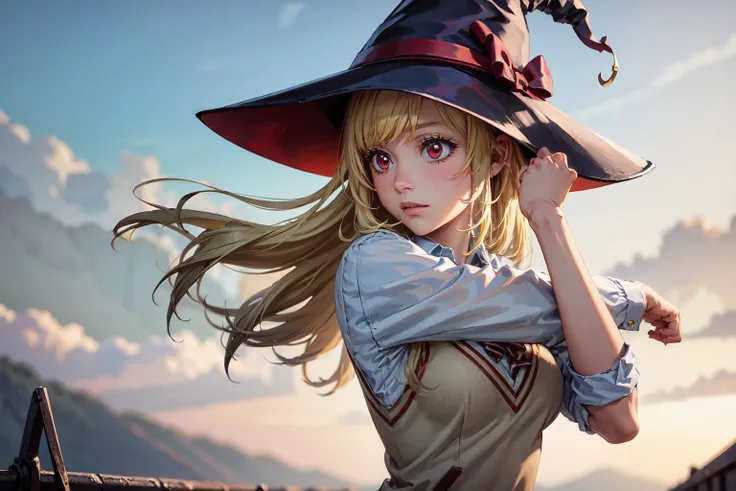 absurdres, (best quality), (masterpiece),(ultra-detailed:1.2),(highres),elaborate, wide shot,1girl, solo, fantastic scenery,
<lora:Urara Shiraishi:0.8>, urara_shiraishi, breasts, large breasts, witch hat, blonde hair, long hair, hair ornament, bow, school ...