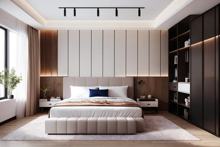 interior design, bed room, Chinese style, no humans, plant, bed, indoors, scenery, curtains, window, lamp, potted plant, clock, bedroom, pillow, couch, chair, ceiling light, on bed, table<lora:ä¸­å¼å§å®¤-2:0.6>,