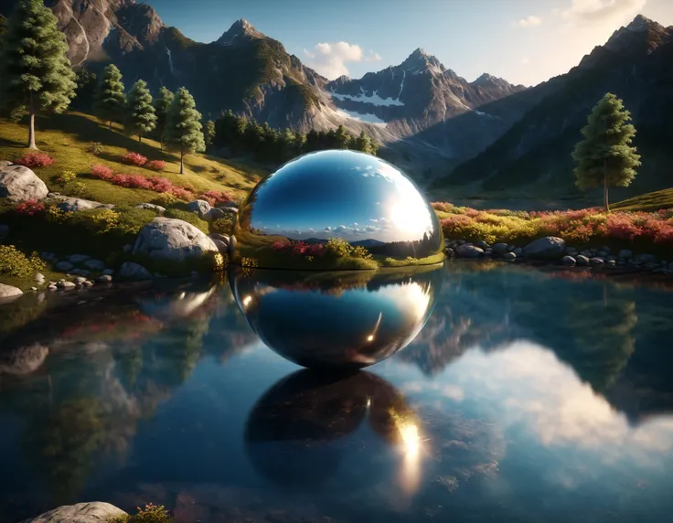 3d render of a metal ball reflecting a beautiful landscape