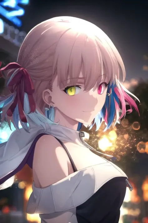 a woman with pink hair and blue eyes standing in front of a city