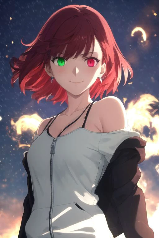 a woman with red hair and green eyes standing in front of a sky