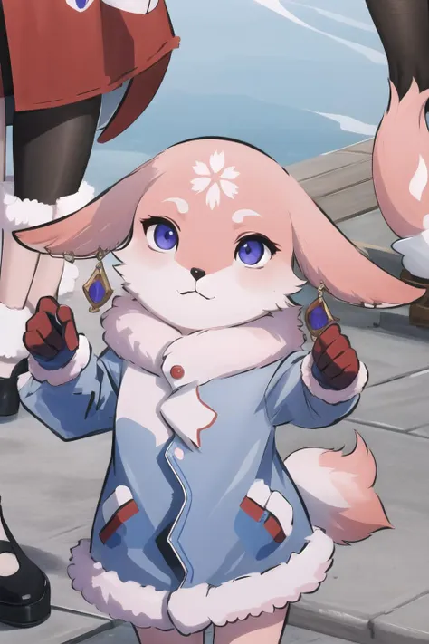 anime girl with blue eyes and a pink coat holding a pink rabbit