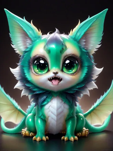 a close up of a green and white dragon with big eyes