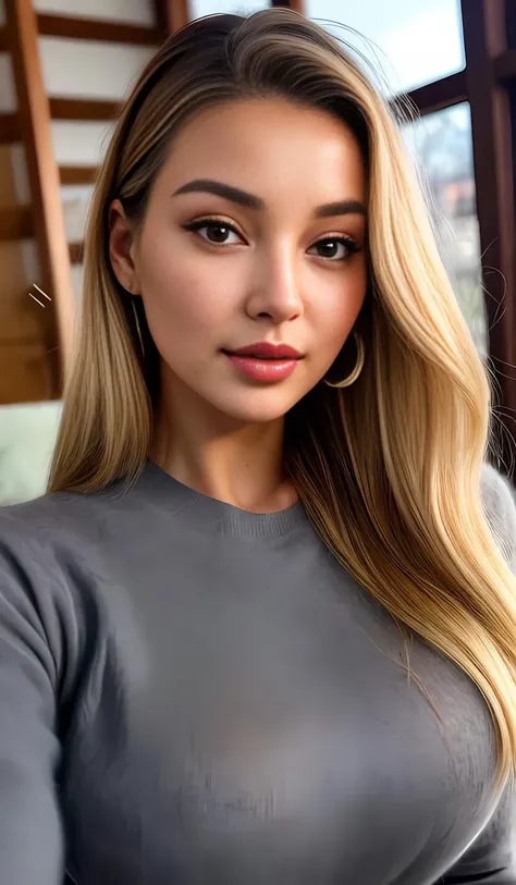 photo of (nab0k0va-140:0.99), a blonde woman, closeup portrait, (dark gray long sleeve heather cashmere shirt), in a cabin, sitting, pajamas, sweatpants, ((selfie)), (masterpiece:1.5) (photorealistic:1.1) (bokeh) (best quality) (detailed skin texture pores...