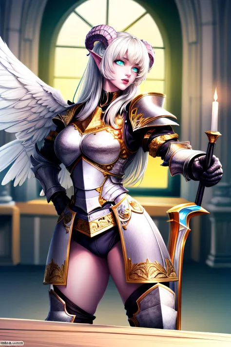 a woman with angel wings holding a sword and a candle