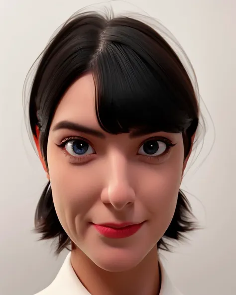 frontal symetrical 3d render of  <lora:13unny4yum1:1>, focus on face, black  hair, detailed face, intricate, sharp focus, soft lighting, vibrant colors, masterpiece, detailed face, beautiful, looking at viewer, upper body, detailed eyes, pore level details...