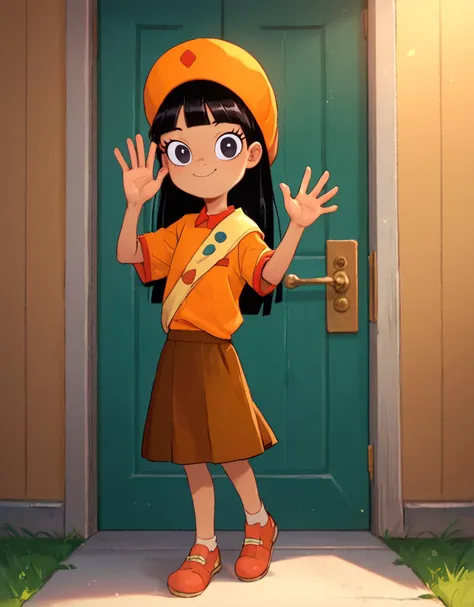 a cartoon girl in a yellow hat and brown skirt standing in front of a door