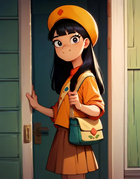 a cartoon girl in a yellow hat and a brown skirt