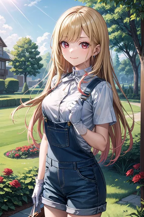 (masterpiece, best quality, detailed), 1girl, solo, kitagawa marin, 1girl, blonde hair, long hair, multicolored hair, red eyes, jewelry, earrings, piercing,
overalls, white shirt, short sleeves, white gloves, outdoors, garden, rose, grass, sunlight, day, b...