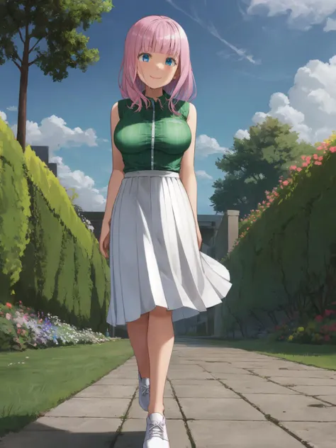 SLE, mksks style, detailed background solo, fujiwara chika, blue eyes, pink hair, hair bow, large breasts, (green shirt, vertical-striped shirt, vertical stripes, dress shirt, collared shirt, white collar:1.3, sleeveless shirt, white neck ribbon:1.2, butto...