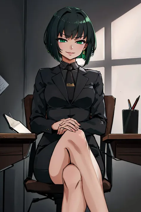 (masterpiece, best quality:1.2), solo, 1girl, edgallmind, smug, smirk, looking at viewer, sitting, crossed legs, chair, bob cut, blunt bangs, two tone hair, golden earrings, black suit, necktie, green eyes, pencil skirt <lora:edgArmoredCore6Allmind:1>