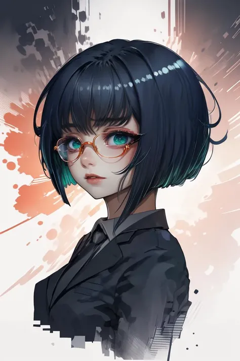 (Technical illustration:1.3) <lora:edgArmoredCore6Allmind:1> bob cut,blunt bangs,two tone hair,golden earrings,black suit,necktie, green eyes,pencil skirt,glasses,(Oversaturated:1.3),(close portrait:1.3),(Feminine:1.4),(beautiful:1.4),(attractive:1.3),hand...