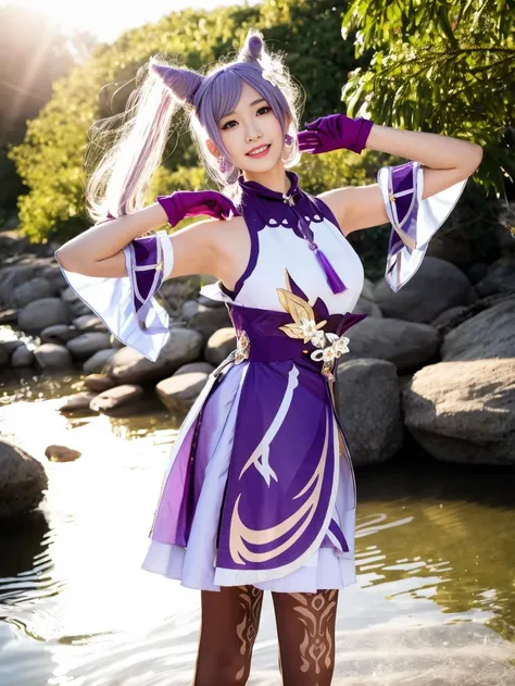 a woman in a purple and white dress posing by a body of water