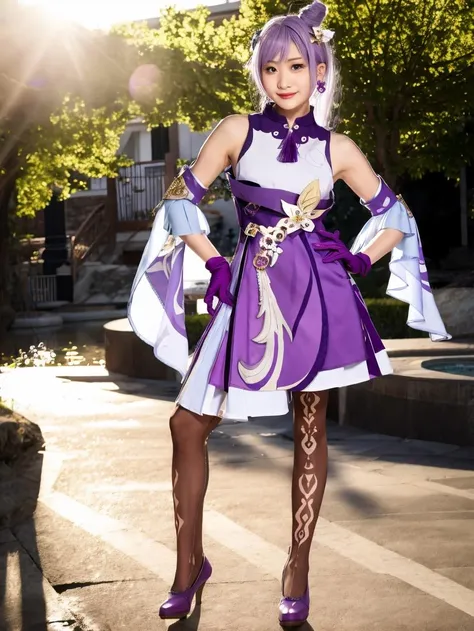 araffe cosplaying in a purple dress and purple shoes