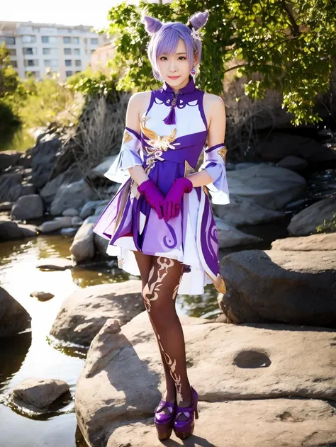 arafed woman in a purple and white dress standing on a rock